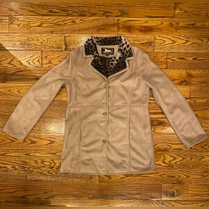 Donna Salyers’ Fabulous Furs Tan Suede Teddy Jacket Leopard Print lining - M